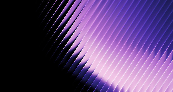 Purple Violet Glass Arc 3D Render, Ribbed Prism Light Refraction Texture, Glowing Neon Wave Arc &ndash; Abstract vibrant purple glass dispersion showing curved geometric line patterns