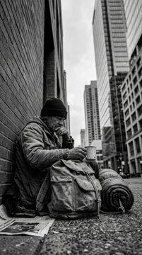 Homeless man sitting on sidewalk next to brick wall, holding metal cup near backpack, sleeping bag, reflecting urban poverty, socioeconomic struggle, loneliness within modern city environment.