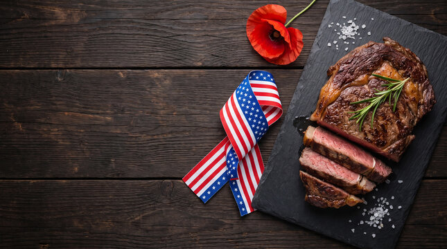 Grilled juicy ribeye steak served with rosemary on dark slate background.
