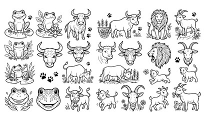 Obraz premium Animal Coloring Book Vector Set – Frog, Bull, Ox, Lion and Goat Black and White Illustrations