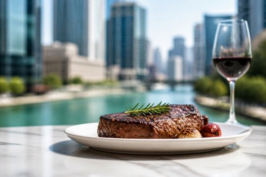 Juicy steak rests on a white plate. Fresh rosemary and a cherry add flair. Glass of red wine complements the meal. City skyline looms in the soft background. River flows calmly beside the table