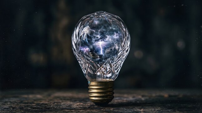 Ornate crystal lightbulb containing miniature thundercloud with realistic lightning bolts resting on dark weathered wooden surface under dramatic lighting.