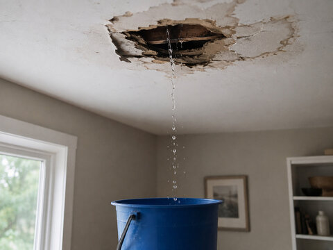 Ceiling leak dripping water into bucket inside house