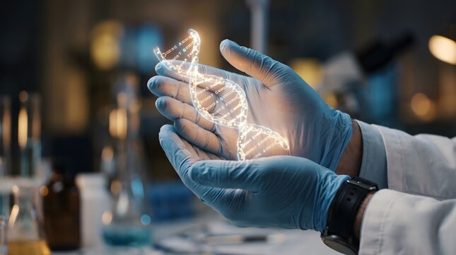 Scientist in blue gloves holding glowing dna strand in hands in science lab with blurred background.
