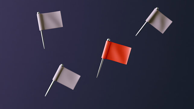 Minimalist 3D render of map pins with white and bright red flags floating against a dark background, representing leadership concept