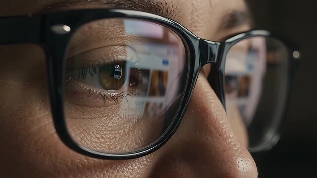 Person wearing black rim glasses looking at digital screen with reflection in lenses
