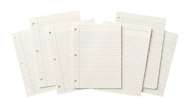 Lined notebook paper collection, vintage cream loose leaf pages with binder holes, blank school stationery set on white background