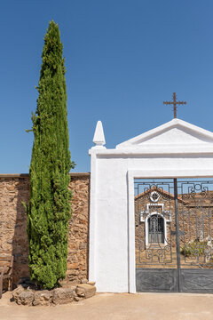 Cypress next to the door of a cemetery