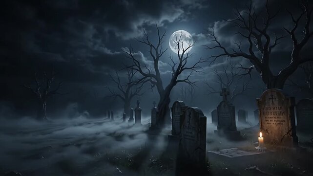 Cemetery graveyard with spooky tombstones and bare trees under moonlight and fog