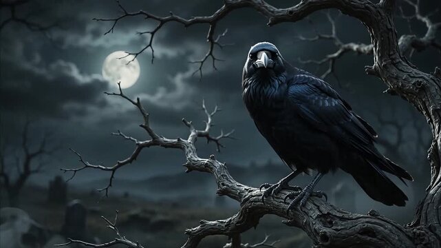 Black raven sitting on dead tree branch during full moon night in spooky landscape