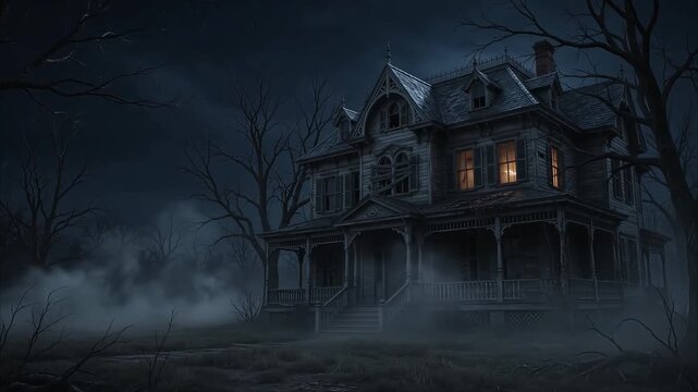 Haunted mansion standing in dark foggy night with spooky ghost atmosphere and old architecture