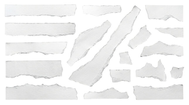 Torn paper scraps collection, white ripped paper pieces on white background, 16 textured paper fragments for collage and design
