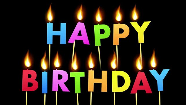 Colorful lit candles Happy Birthday over black background