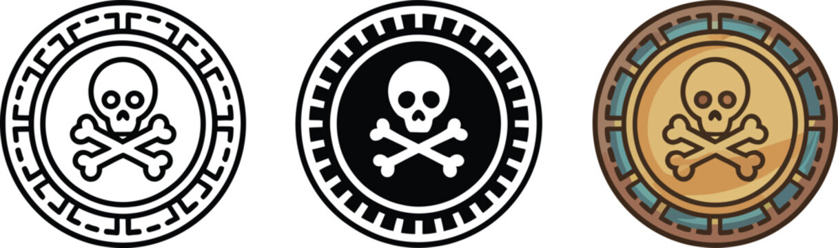 Pirate skull gold coin set, 3 ancient doubloon icons, cursed treasure vectors Editable Vector