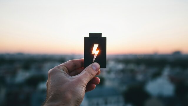 A person holding a battery silhouette cutout with a glowing lightning bolt symbol against a city sunset background. This energy concept photo is perfect for renewable power and.