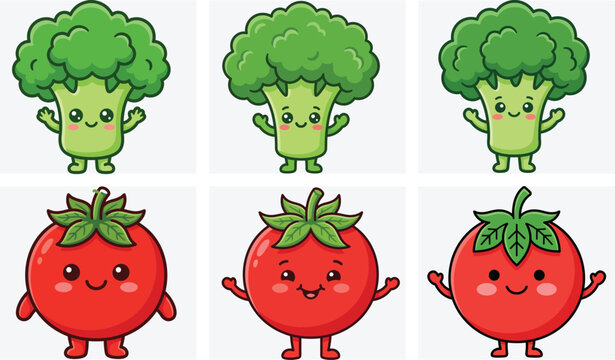 Cute kawaii broccoli and tomato characters cartoon vector set with cute vegetabl