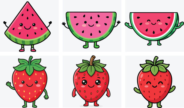 Cute kawaii watermelon slice and strawberry characters cartoon vector set
