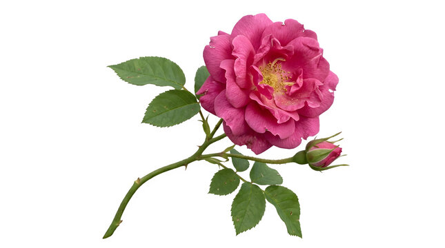 Beautiful vibrant pink rose flower with green leaves and a bud isolated on transparent background