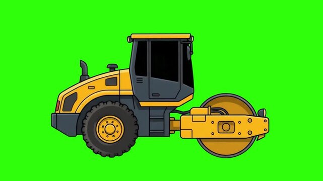 Vector cartoon illustration of a yellow heavy road roller roller compactor vehicle over a chroma key green background. Great for road construction commercials, paving machinery promos, civil engineeri