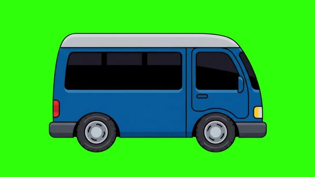Flat 2D vector animated blue minibus van passenger vehicle isolated on a chroma key green screen background. Suitable for public transit promos, city shuttle services, group travel guides, commercial 