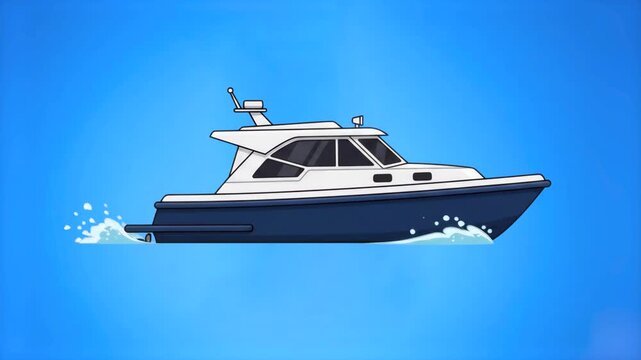 Flat 2D vector animated motorboat yacht speedboat cruising isolated on a blue water background. Perfect for maritime travel promos, ocean cruise guides, sea transport videos, summer vacation clips, an