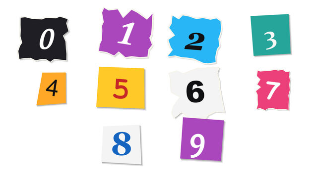 Colorful torn paper numbers 0-9 arranged in a grid with white space for design