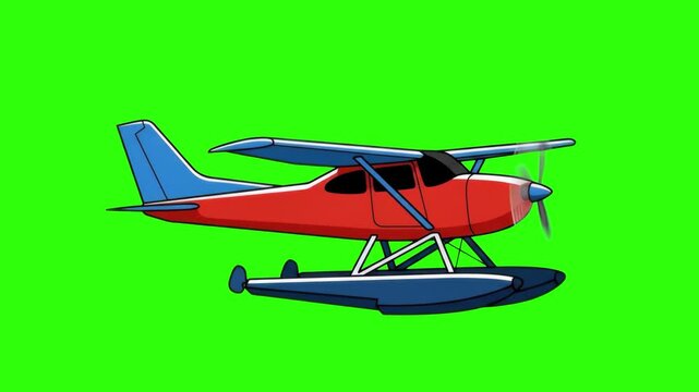 Flat 2D vector animated red seaplane floatplane aircraft flying isolated on a chroma key green screen background. Ideal for aviation travel promos, island vacation guides, air transport clips, and mot