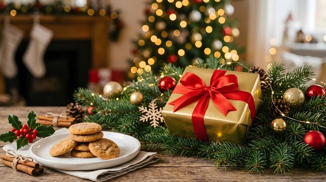 A festive merry chrismas scene featuring a wrapped gift box cookies and a decorated tree in the background