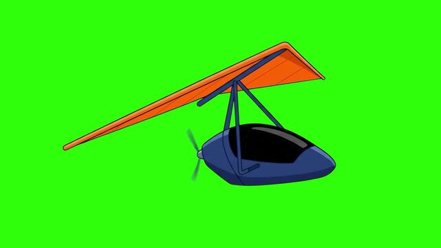 Vector cartoon illustration of a blue motorized hang glider ultralight trike with orange wing and propeller over a chroma key green background. Ideal for extreme sports commercials, ultralight aviatio