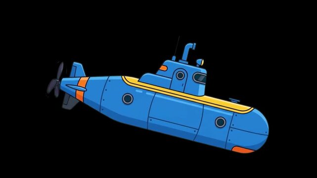 Flat 2D vector animated blue submarine underwater vehicle isolated on a black background. Great for ocean exploration videos, marine biology promos, deep sea diving clips, nautical documentaries, and 