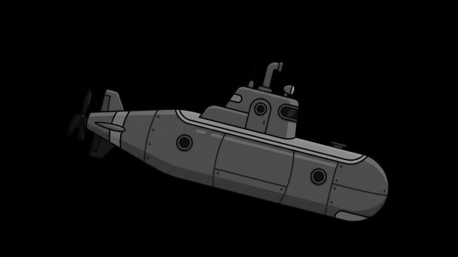 Vector cartoon illustration of a dark grey military submarine naval vessel isolated over a dark black background. Excellent for deep ocean exploration concepts, naval defense infographics, military do