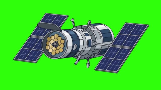 Flat 2D vector animated space telescope satellite with solar panels isolated on a chroma key green screen background. Ideal for space exploration videos, astronomy educational guides, astrophysics cli