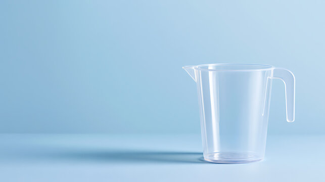 A single transparent plastic measuring cup placed on solid light blue background with clean composition and minimalist style for culinary use