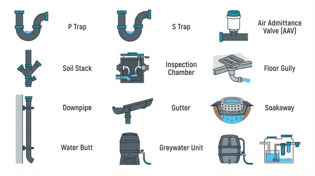 Icons represent various plumbing parts used in building drainage systems for managing residential wastewater in a clear and simple manner.