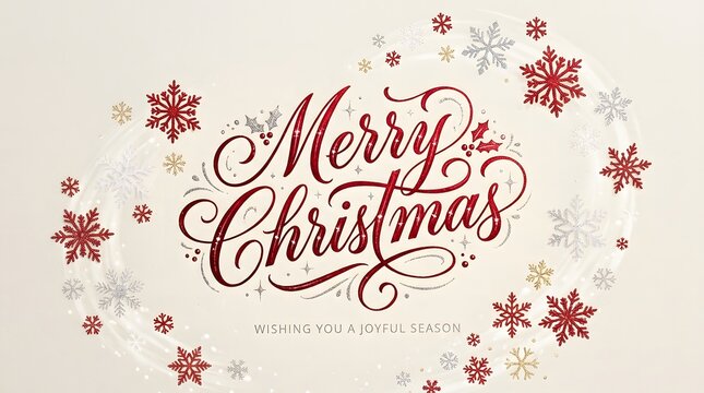 Elegant merry chrismas greeting card design featuring beautiful red calligraphy lettering and decorative snowflakes on a soft background