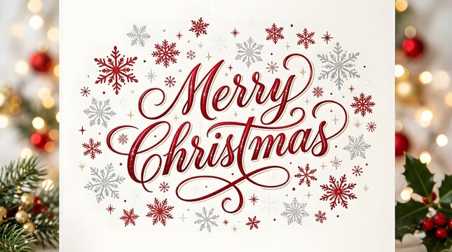 Elegant merry chrismas greeting card design featuring beautiful red calligraphy and festive snowflake decorations on white background