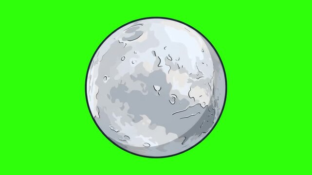 Vector cartoon illustration of a bright white full moon with surface details over a chroma key green background. Great for night sky scenes, space mission videos, astronomical science content, fantasy