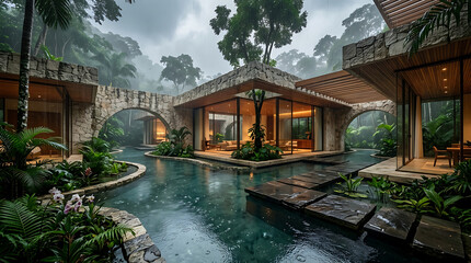 Obraz premium Luxury tropical villa with water channel and stone architecture in lush rainforest setting