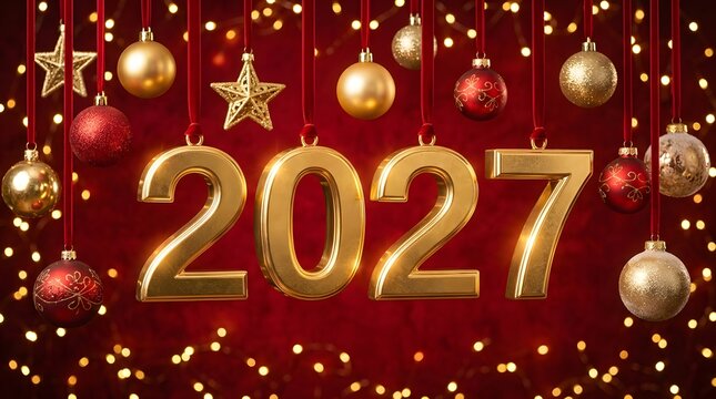 Golden 2027 numbers on a festive red background with hanging ornaments for a merry chrismas holiday celebration