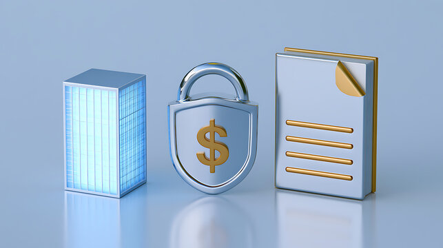 3D render of secure financial office building model with metal shield pad lock and document file folder for corporate investment concept