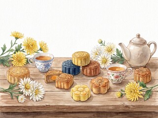 Obraz premium Mid Autumn Bakery Display Watercolor Illustration 