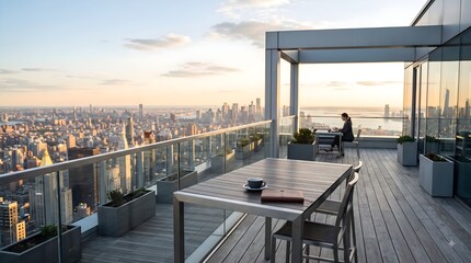 Fototapeta na wymiar Rooftop terrace with a woman working at a table overlooking a cityscape at sunset