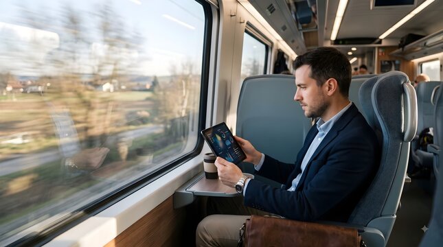 Man reviewing data on a tablet while traveling by train looking out the window
