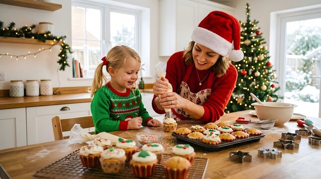 A happy mother and daughter baking festive cupcakes together to celebrate a merry chrismas in their home kitchen