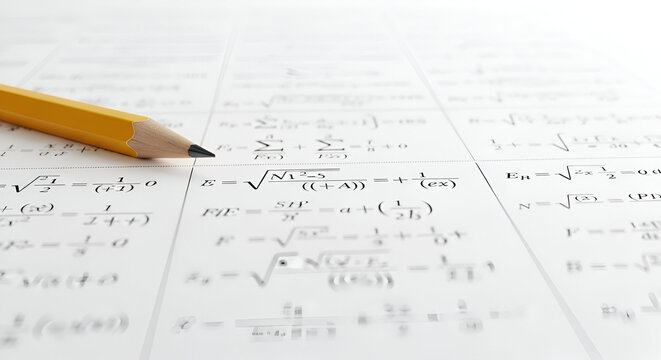 Yellow Graphite Pencil Resting on White Paper Filled with Complex Mathematical Equations and Advanced Calculus Formulas for Academic Study