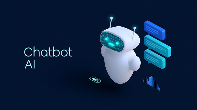 Isometric illustration of artificial intelligence chatbot with speech bubbles, digital assistant interface, modern technology concept graphic