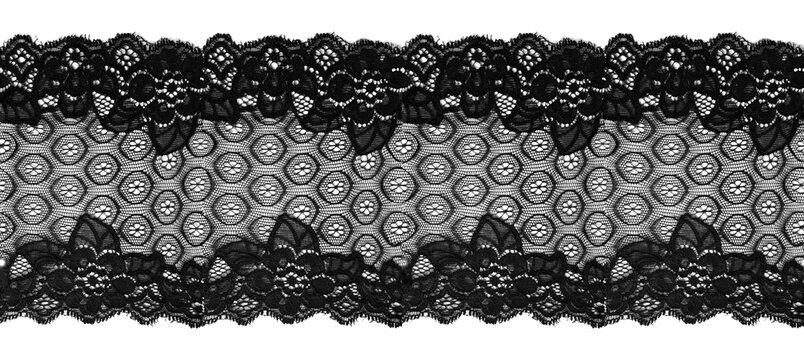 Black Seamless Lace Border Transparent Floral Dark Coquette Vintage Botanical Textile Decorative Embroidery Ornament