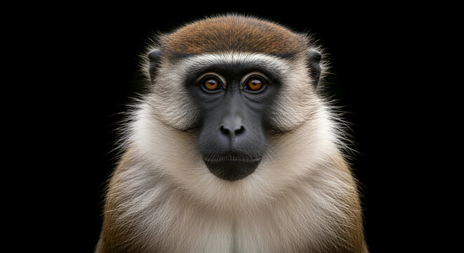 Portrait of a Green Monkey with Expressive Amber Eyes Against a Deep Black Background Reflecting Wild Nature DN250925002