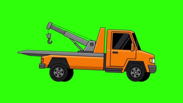Flat 2D vector animated orange tow truck with crane hook isolated on a chroma key green screen background. Great for emergency roadside assistance promos, vehicle recovery clips, auto service guides, 