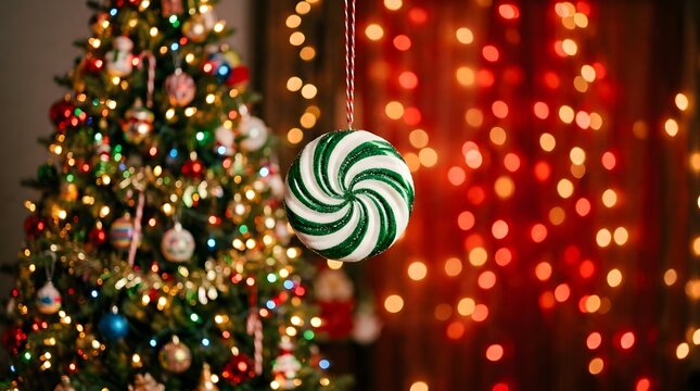 A festive merry chrismas background featuring a decorated pine tree and a hanging green peppermint candy ornament decoration